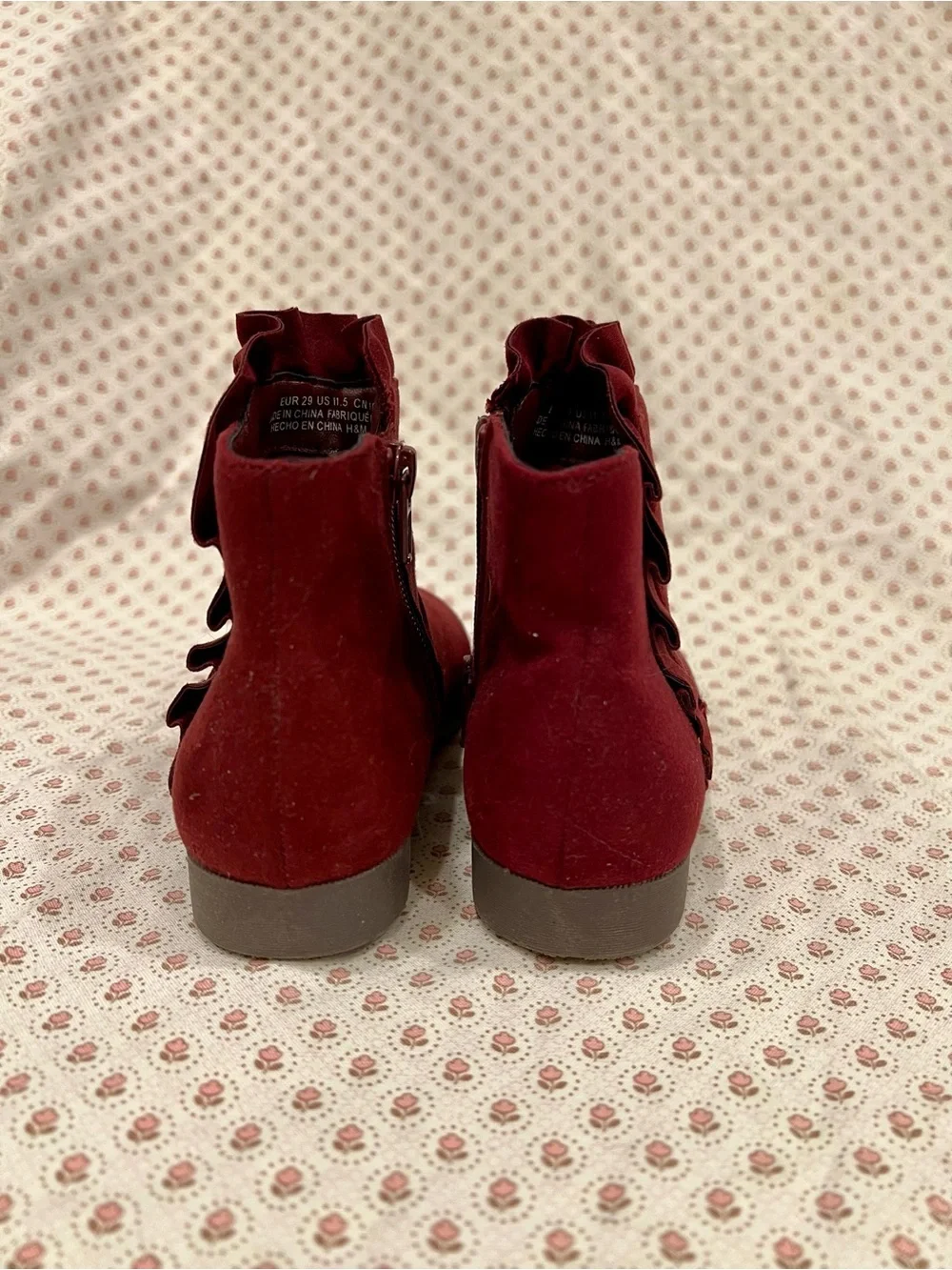 H&M Girl Burgundy Suede Ankle Boots - Stylish Ruffle Top. Size 12